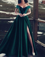 Off Shoulder Dark Teal Green prom Dress Long Graduate Dress Formal Gown with Split PL08132