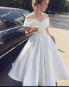 Satin A Line Off the shoulder Ivory/White Short Wedding Gown Party Dress Knee Length SP0815