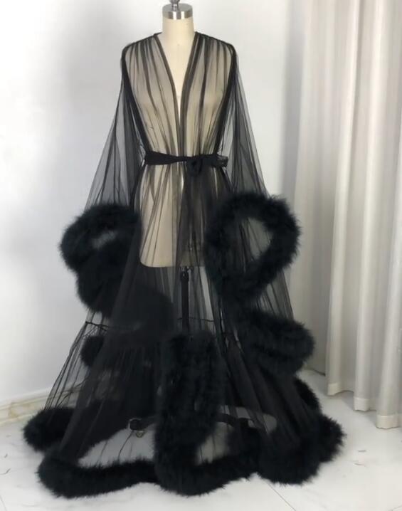 Sexy Sheer Feather Bridal Robe Tulle Illusion Long Wedding Scarf New Custom Made Birthday Maternity Photography Robe Maternity Dress