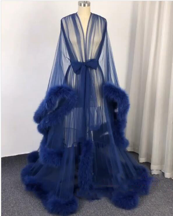 Sexy Sheer Feather Bridal Robe Tulle Illusion Long Wedding Scarf New Custom Made Birthday Maternity Photography Robe Maternity Dress