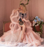 Sexy Sheer Feather Bridal Robe Tulle Illusion Long Wedding Scarf New Custom Made Birthday Maternity Photography Robe Maternity Dress