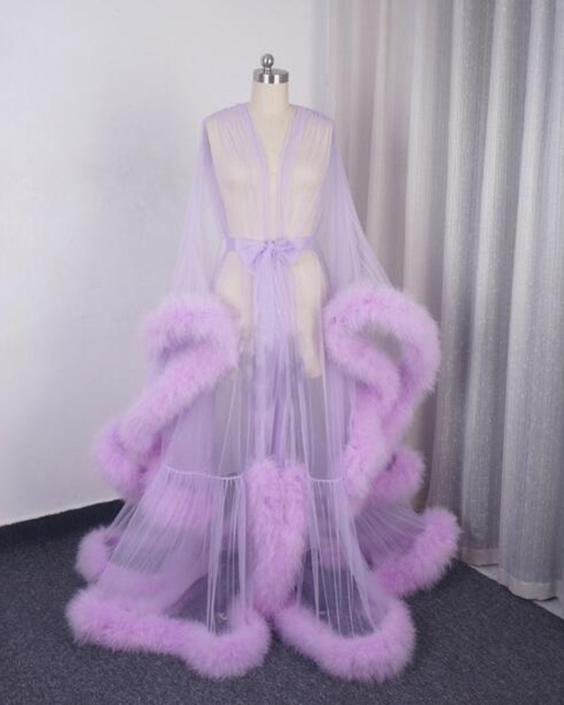 Sexy Sheer Feather Bridal Robe Tulle Illusion Long Wedding Scarf New Custom Made Birthday Maternity Photography Robe Maternity Dress