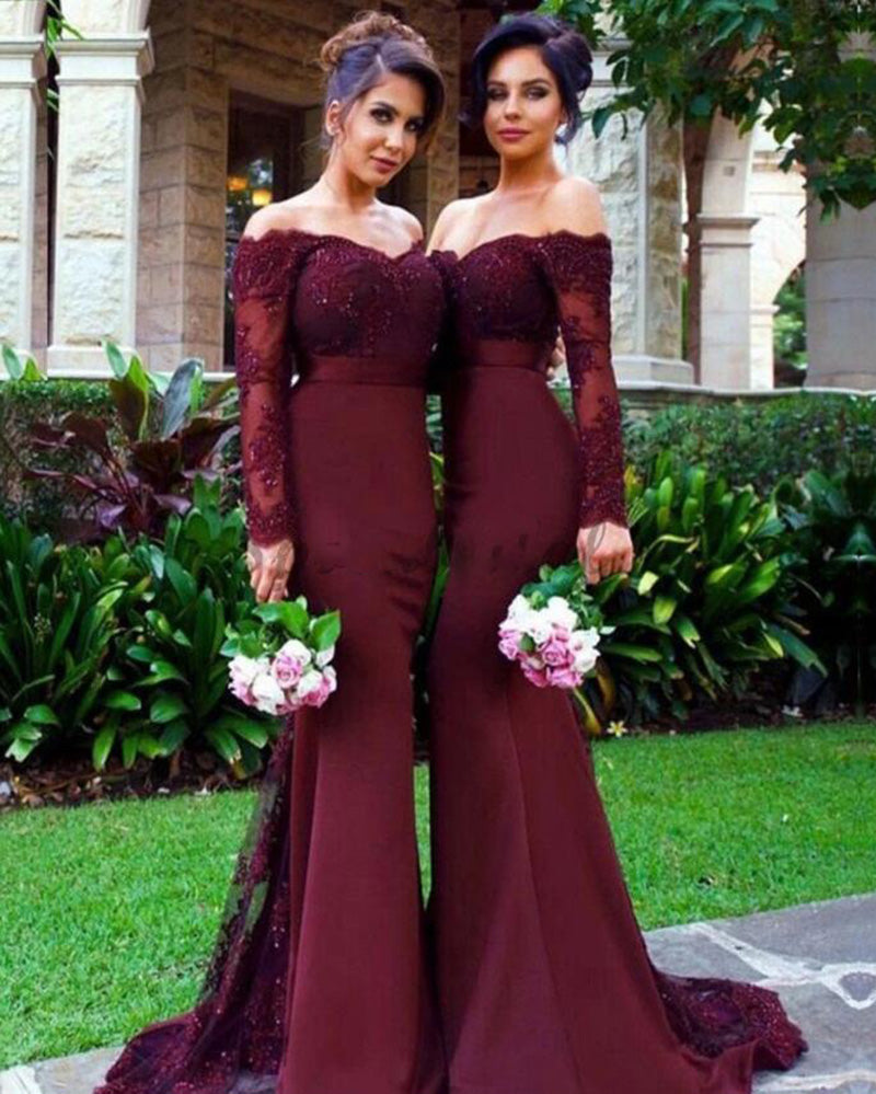 Vintage Women Burgundy Bridesmaid Dress with Long Sleeves for Wedding Party PL6630