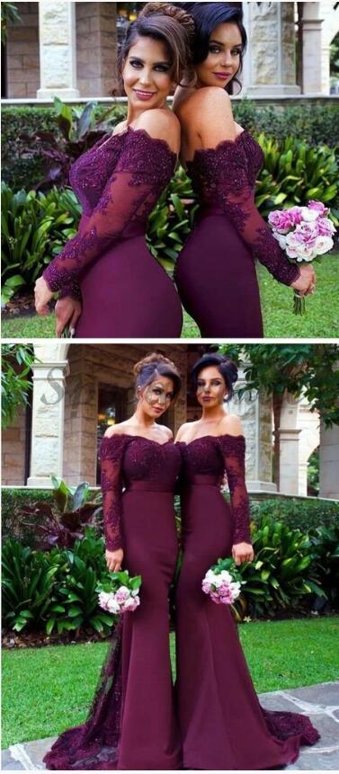 Vintage Women Burgundy Bridesmaid Dress with Long Sleeves for Wedding Party PL6630