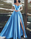 Elegant Blue Off the Shoulder Long Wedding Party Dress Satin Formal Prom Evening Dress PL08223