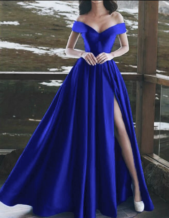 Elegant Blue Off the Shoulder Long Wedding Party Dress Satin Formal Prom Evening Dress PL08223