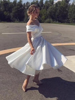 Satin A Line Off the shoulder Ivory/White Short Wedding Gown Party Dress Knee Length SP0815