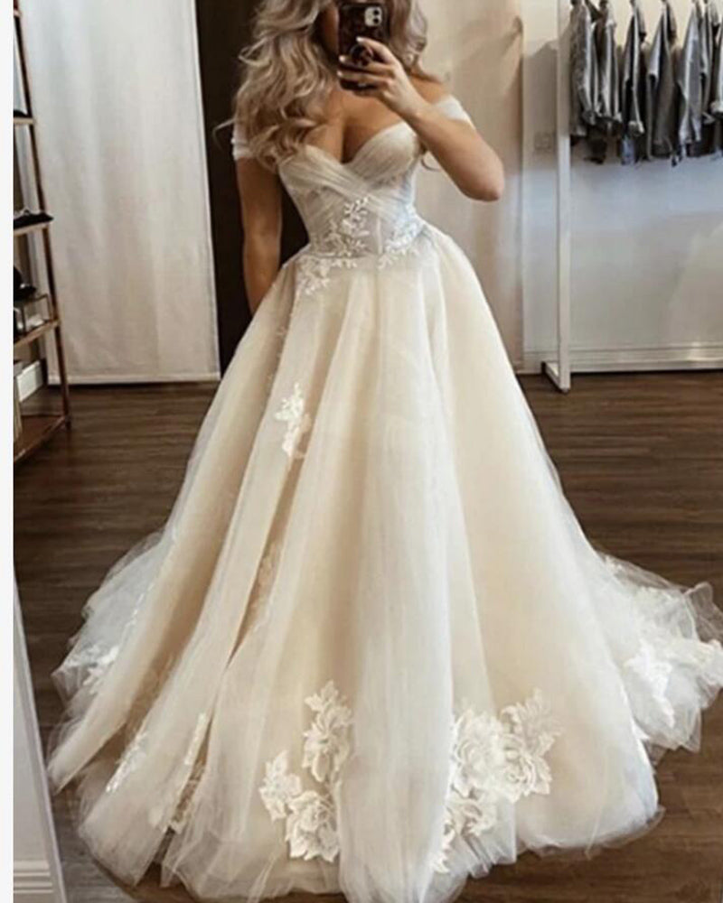 Beige/Off White Color Off the Shoulder Lace and Tulle Wedding Party Dress Bridal Gown for Women PL0828