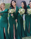 Spandex Sexy Long Sleeves Sexy V Neck Mermaid  Green Long Bridesmaid Dresses PL0831