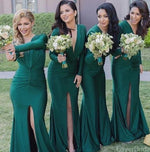 Spandex Sexy Long Sleeves Sexy V Neck Mermaid  Green Long Bridesmaid Dresses PL0831