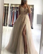 Spaghetti Straps Champagne Beading Tulle Sexy Split Long Graduation Prom Dress PL0901