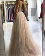Spaghetti Straps Champagne Beading Tulle Sexy Split Long Graduation Prom Dress PL0901