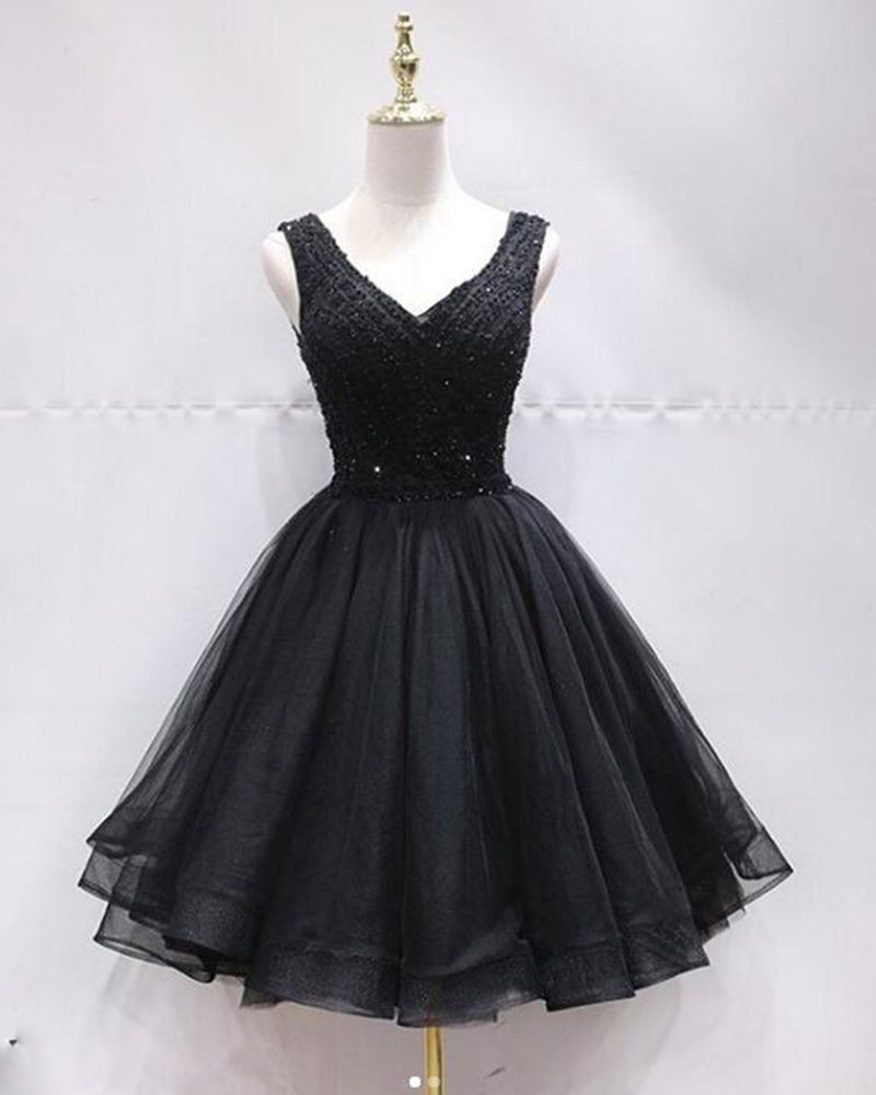 V Neck Tulle Beaded Black Short Homecoming Cocktail Gown Short Prom Dresses SP0916