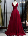 V neck Satin Pleated Wine Red Corset Women Formal  Long Prom Dress Vestido PL0914
