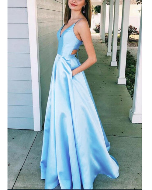 A Line Stin Pocket Lilac Long Formal Prom Dress with Straps Vestido Longo PL0925