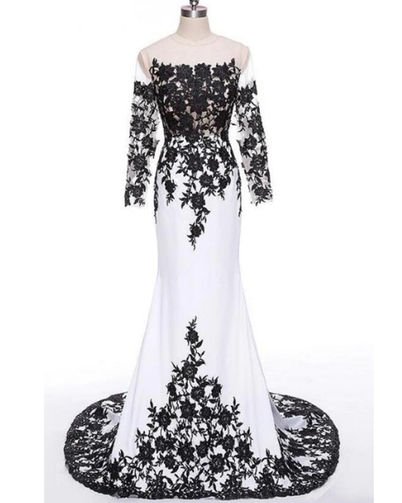 Black and White Mermaid EveningWedding Party Dress Long Sleeve Formal Women Outfit  PL0922