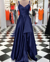Charming Teal Green Pleated Satin A Line Prom Dress with Slit Long Graduation Gown PL10312