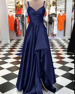 Charming Teal Green Pleated Satin A Line Prom Dress with Slit Long Graduation Gown PL10312