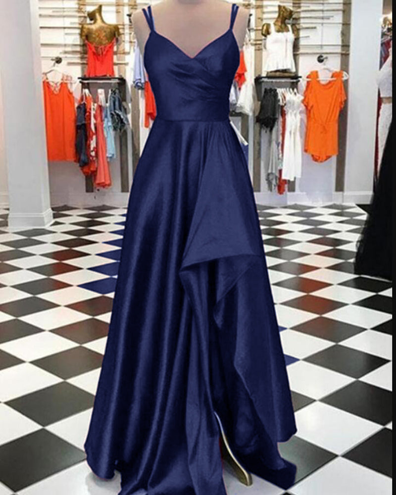 Charming Teal Green Pleated Satin A Line Prom Dress with Slit Long Graduation Gown PL10312