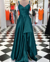 Charming Teal Green Pleated Satin A Line Prom Dress with Slit Long Graduation Gown PL10312