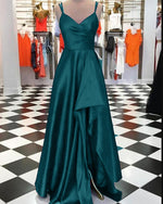 Charming Teal Green Pleated Satin A Line Prom Dress with Slit Long Graduation Gown PL10312