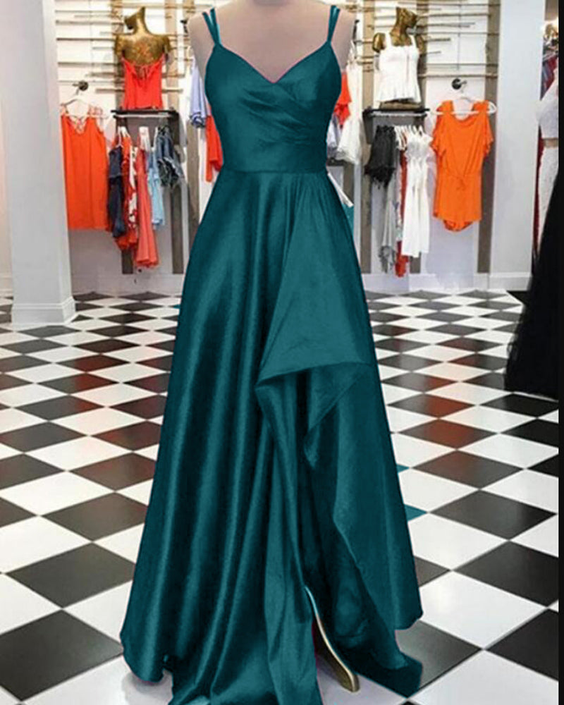 Charming Teal Green Pleated Satin A Line Prom Dress with Slit Long Graduation Gown PL10312