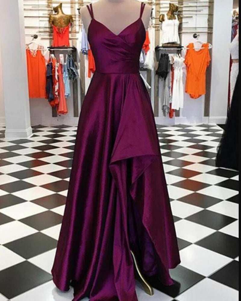 Charming Teal Green Pleated Satin A Line Prom Dress with Slit Long Graduation Gown PL10312