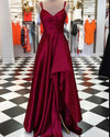 Charming Teal Green Pleated Satin A Line Prom Dress with Slit Long Graduation Gown PL10312