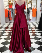Charming Teal Green Pleated Satin A Line Prom Dress with Slit Long Graduation Gown PL10312
