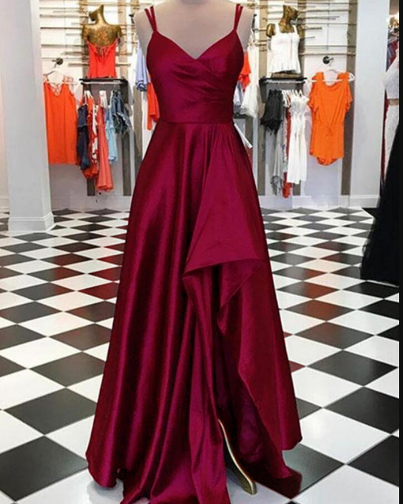 Charming Teal Green Pleated Satin A Line Prom Dress with Slit Long Graduation Gown PL10312
