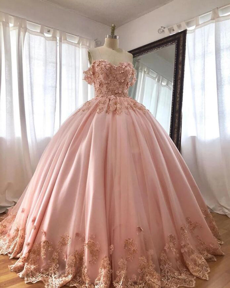 Pink Flowers Wedding Dress Off the Shoulder Ball Gown Quinceanera Dress WD0910