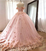 Pink Flowers Wedding Dress Off the Shoulder Ball Gown Quinceanera Dress WD0910