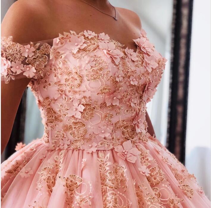 Pink Flowers Wedding Dress Off the Shoulder Ball Gown Quinceanera Dress WD0910