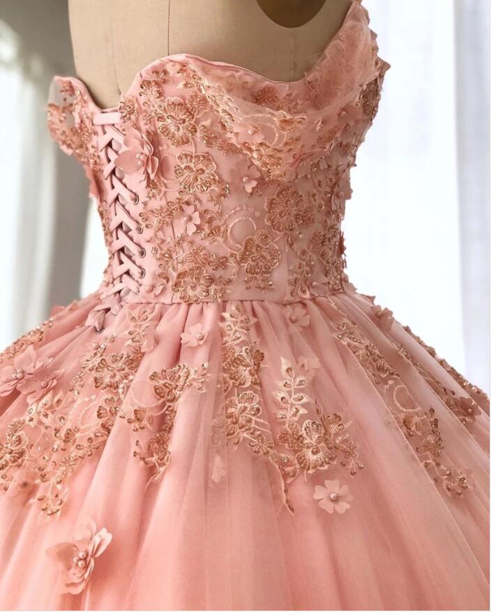 Pink Flowers Wedding Dress Off the Shoulder Ball Gown Quinceanera Dress WD0910