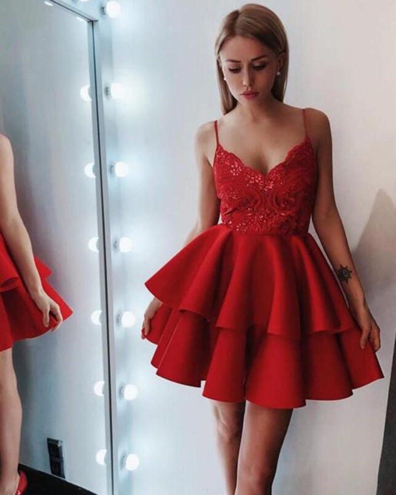 Vestido corto rojo de fiesta con lentejuelas y tirantes finos para niñas SP00915 