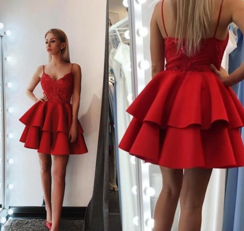 Sequins Girls Homecoming Red Short Prom Dress with Spaghetti Straps SP00915
