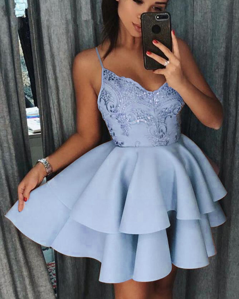 Vestido de fiesta corto azul cielo con escote halter y tirantes finos, vestido corto SP0923 