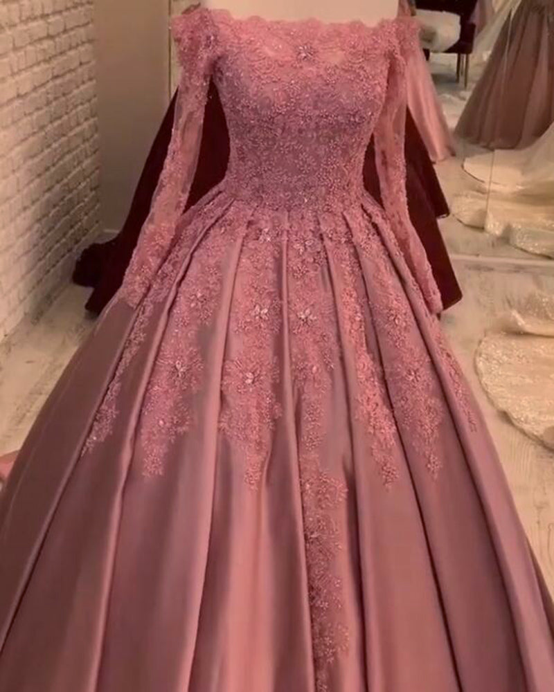 Vintage Long Sleeves Lace Dusty Rose Pink Quinceanera Ball Gown Wedding Dress Women Formal Prom Gown WD0919