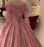 Vintage Long Sleeves Lace Dusty Rose Pink Quinceanera Ball Gown Wedding Dress Women Formal Prom Gown WD0919