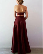 2 Pieces Crop Top Burgundy Prom Dress Formal Party Gown Long PL09253