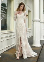 Ivory/Nude Vintage Long Sleeves Lace Mermaid Wedding Dress for Bride with Slit WD09266