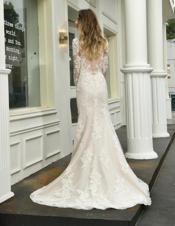 Ivory/Nude Vintage Long Sleeves Lace Mermaid Wedding Dress for Bride with Slit WD09266