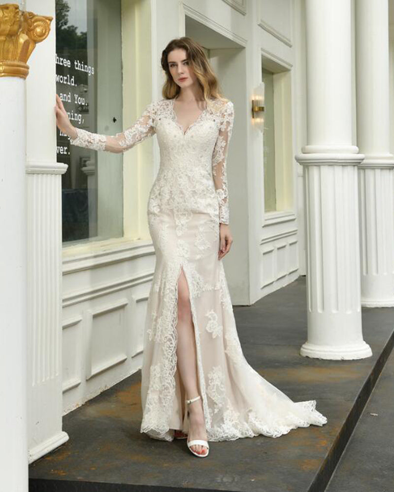 Ivory/Nude Vintage Long Sleeves Lace Mermaid Wedding Dress for Bride with Slit WD09266