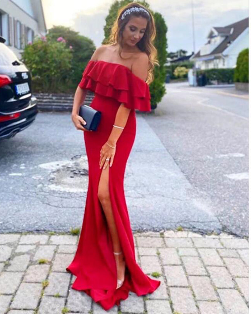 Sexy Split Off the Shoulder Spandex Red Fitted Evening Dress Long Prom Women Formal Dresses PL10061