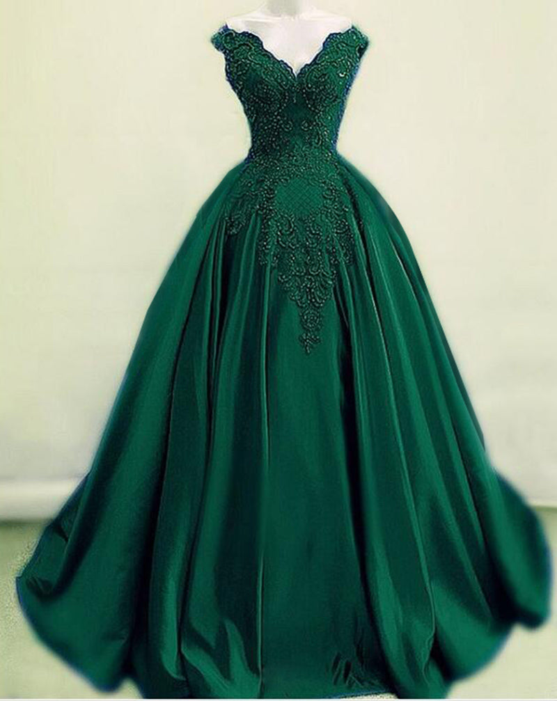 Increíble vestido de novia de encaje con hombros descubiertos en color verde oscuro, vestido de fiesta formal verde largo PL09292 