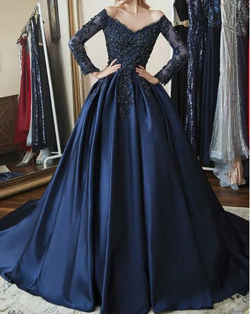 Off the Shoulder Long Sleeves Women Formal Wedding Party Dress Navy Blue Ball Gown Prom Dress PL10132