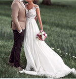 Siaoryne LO0926 Sexy Nude See Through Lace Cap Sleeves Split Long Ivory Chiffon Beach Wedding Dresses Bridal Gown