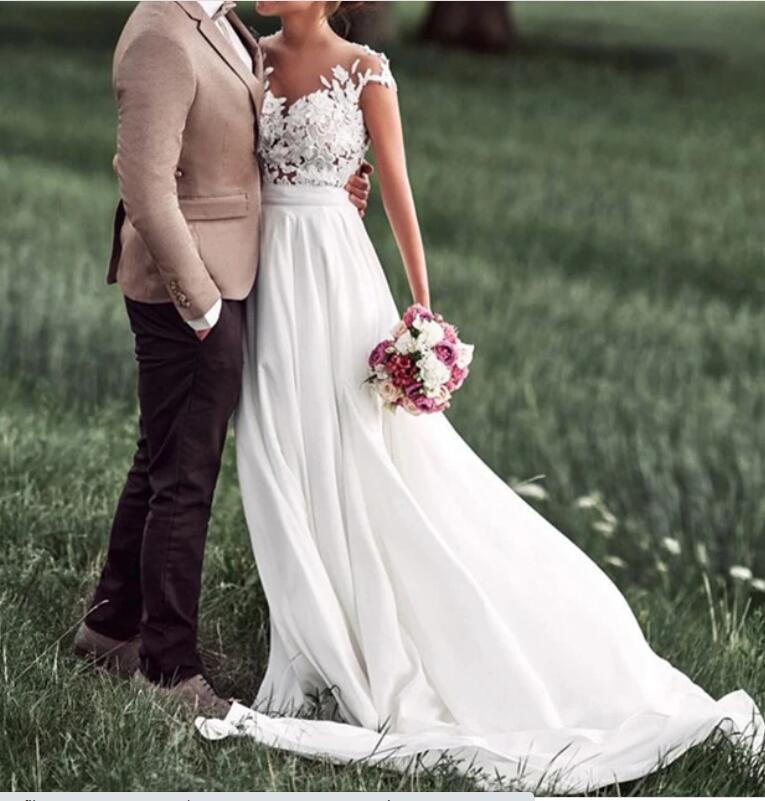 Siaoryne LO0926 Sexy Nude See Through Lace Cap Sleeves Split Long Ivory Chiffon Beach Wedding Dresses Bridal Gown
