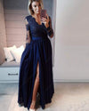 Multi Color Vintage Long Sleeved lace  Chiffon formal Prom Dress Floor Legnth Graduation Dress with Slit PL10275