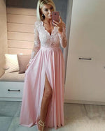 Multi Color Vintage Long Sleeved lace  Chiffon formal Prom Dress Floor Legnth Graduation Dress with Slit PL10275